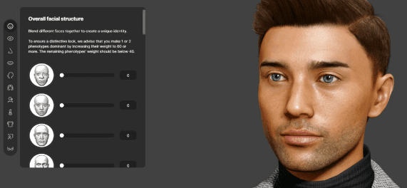 Avatar creation interface showing facial structure sliders and reference face icons beside a hyper real male three dimensional digital head with realistic skin, hair, and eyes.