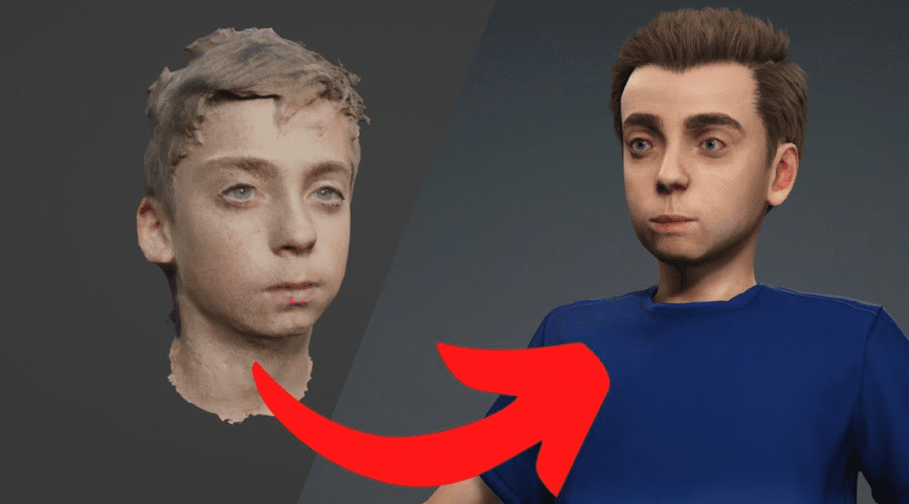 Side by side comparison of a rough three dimensional head scan on the left and a polished, social ready digital human avatar on the right, connected by a large red arrow.