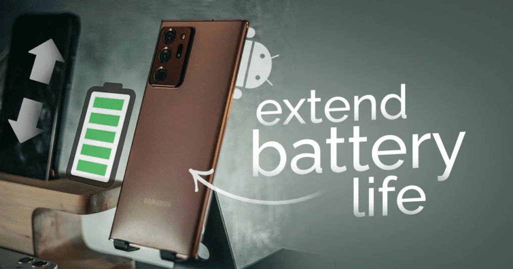 Samsung style smartphone standing on a desk with a large green battery icon, an Android logo, and the words “extend battery life,” plus a curved arrow pointing toward the phone.