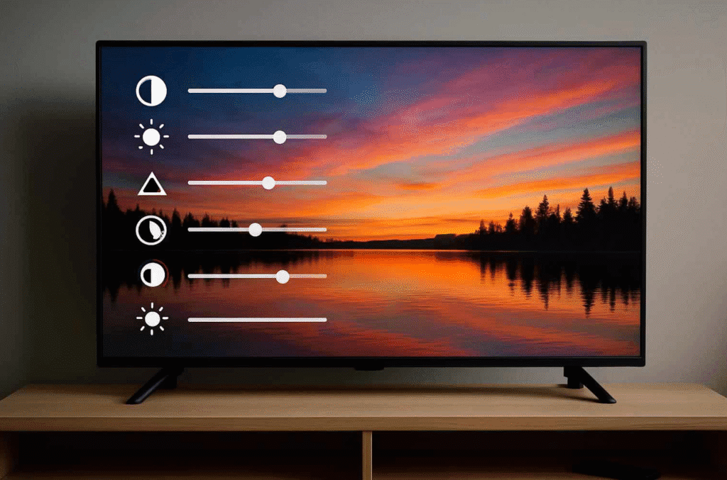 Smart TV on a wooden stand showing a sunset landscape, with an on screen picture settings menu and multiple slider controls on the left.