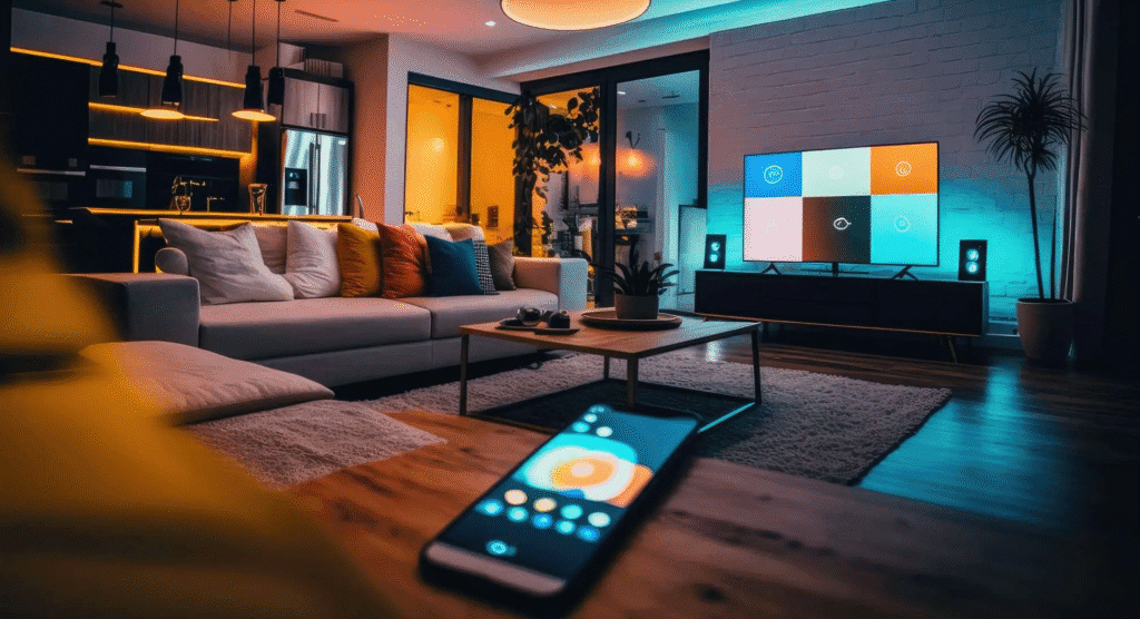 Modern living room with smart accent lighting, a TV displaying a connected home interface, and a smartphone on the table showing a lighting control app.