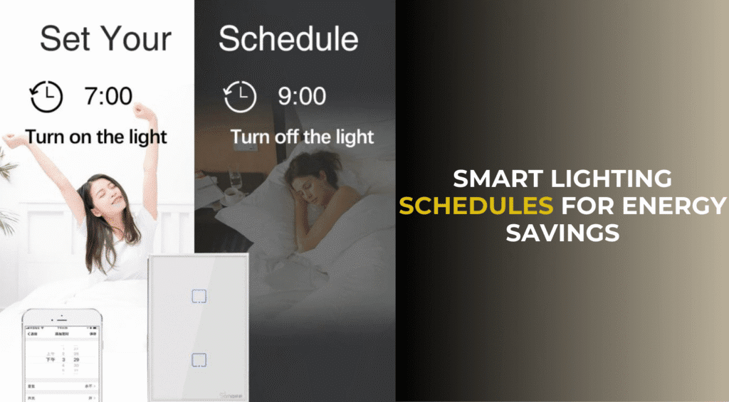 Graphic showing smart light schedules with an app setting lights to turn on at 7:00 and turn off at 9:00, with a person sleeping, a smart wall switch, and the headline “Smart lighting schedules for energy savings.”