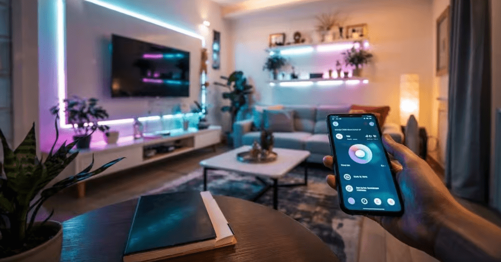 Hand holding a smartphone with a smart lighting control app in a modern living room lit by colorful LED accent lights.