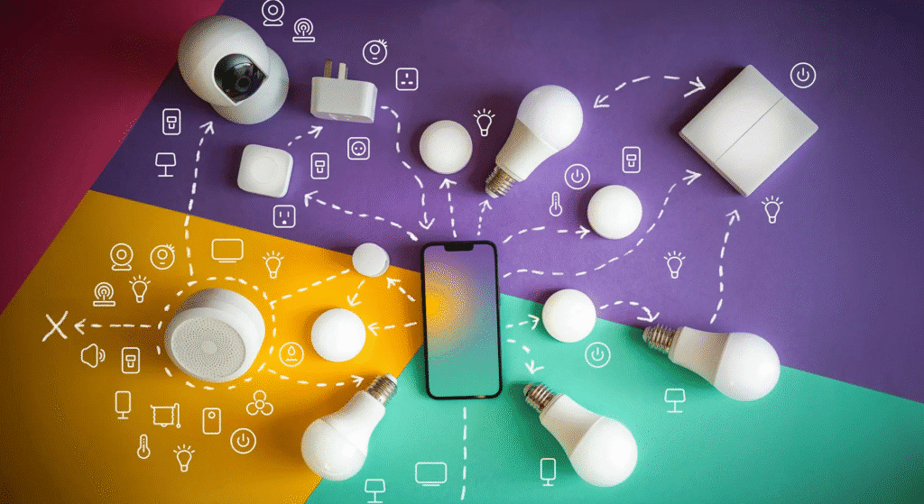 Flat lay of smart home lighting gear with a smartphone in the center, surrounded by smart bulbs, plugs, sensors, a camera, a speaker, and a wall switch, with illustrated connection icons on a colorful background.