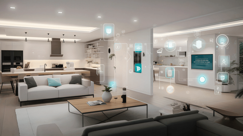 Modern open plan living room and kitchen with recessed ceiling lights, showing a smart home overlay of connected device icons floating above the space.