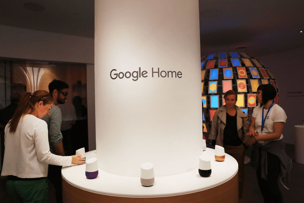 People at a Google Home demo booth, with several Google Home smart speakers on a round display table and a large Google Home sign in the center.