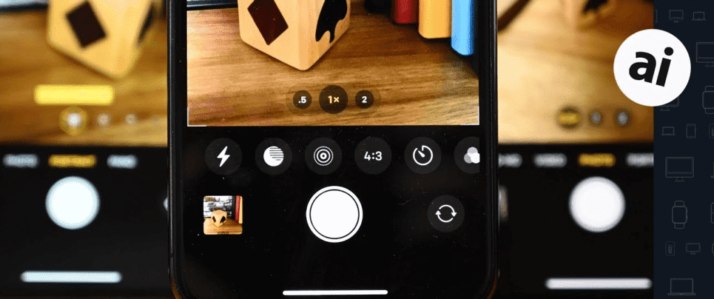 Close up of a smartphone camera app interface showing AI features, zoom options, and the shutter button on screen
