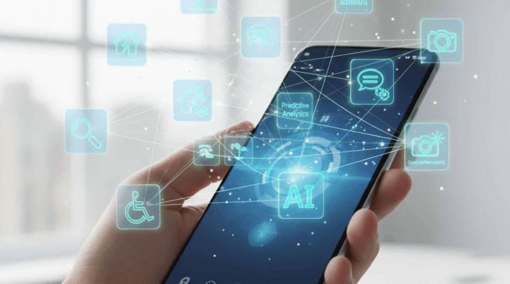 Hand holding a smartphone with a glowing AI interface and floating app icons for search, camera, messages, and smart home controls