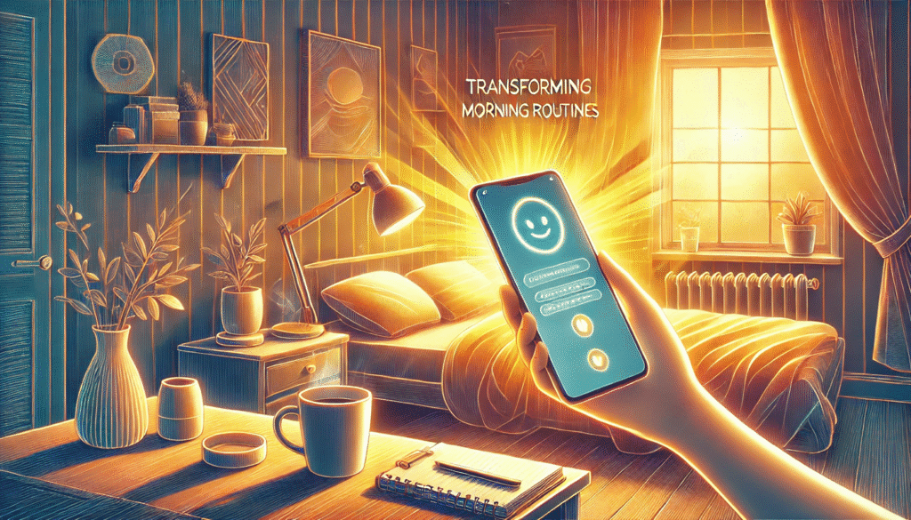 Hand holding a smartphone showing an AI assistant in a sunlit bedroom, with a coffee mug and notebook on the bedside table