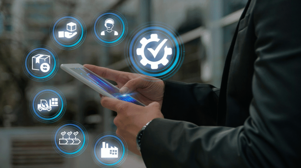 Person in a suit using a smartphone with floating AI icons for tasks, settings, support, and workflow automation in the background