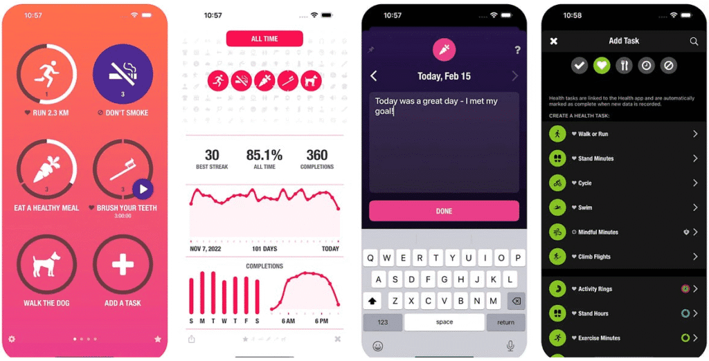 Smartphone app screens showing AI powered habit tracking with workout goals, streak stats, progress charts, journaling, and a health task list