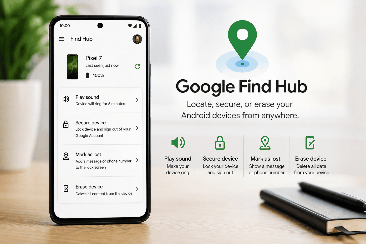 Illustration of Google Find Hub features for locating a lost Android phone