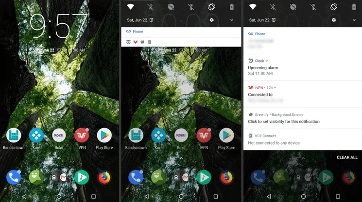 Three Android home screen screenshots showing the notification panel pulled down further each time as the user swipes from the top of the screen.