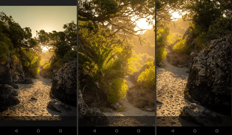 Three Android screenshots showing the same beach path photo at different zoom levels after pinch in and pinch out gestures.