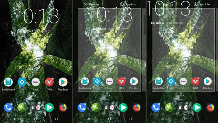 Three Android home screen screenshots showing a clock widget being long pressed, highlighted, and dragged toward the top of the screen to remove it.