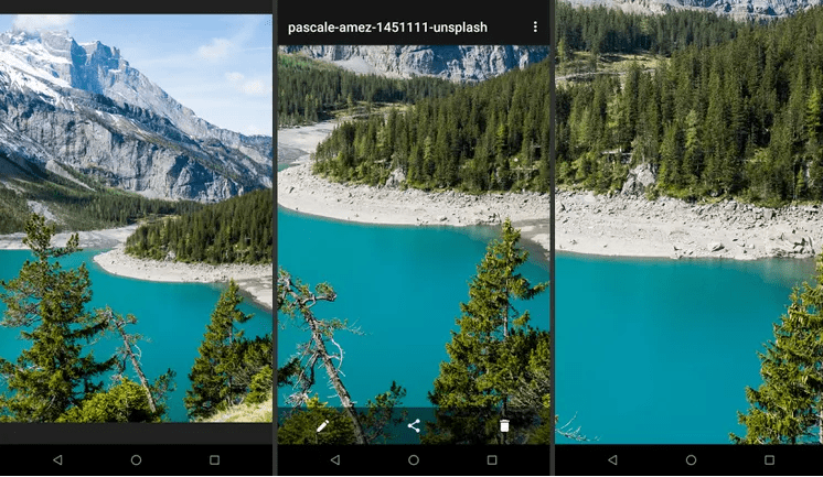 Three Android screenshots of a lake and forest scene showing the image zoomed in closer after a user performs a double tap gesture.