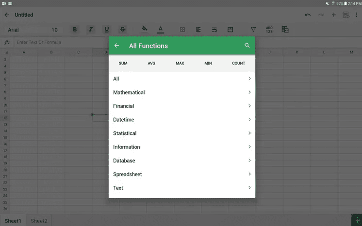 Zoho Sheet spreadsheet on an Android tablet with the All Functions panel open, showing categories for mathematical, financial, datetime, statistical, and other formulas