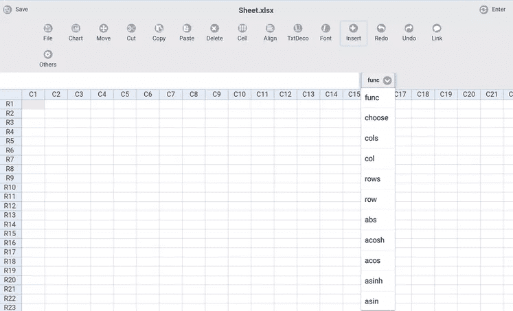 Simple Spreadsheet app on Android showing a blank grid with rows and columns and an open function drop down list for inserting formulas
