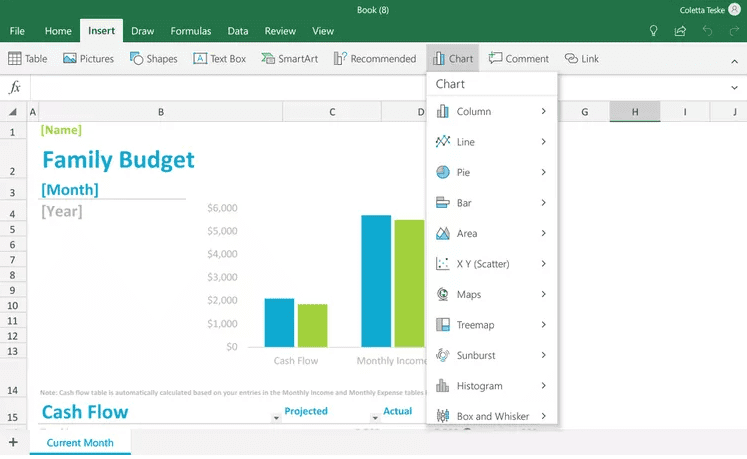 Microsoft Excel on an Android tablet showing a family budget spreadsheet with a column chart and the chart type menu open for choosing different visual styles