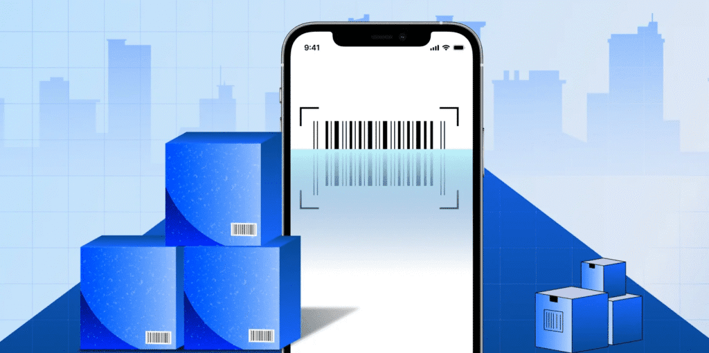 Illustration of a smartphone scanning a product barcode with blue shipping boxes and a city skyline in the background, representing mobile barcode scanner apps for shopping and inventory