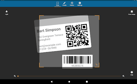 Android tablet screen showing the QRbot app scanning a contact card that contains both a QR code and a traditional barcode
