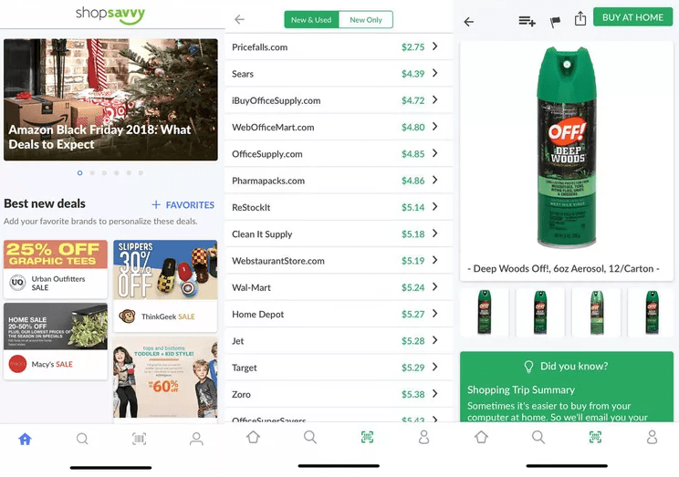 ShopSavvy shopping app interface displaying a scanned OFF Deep Woods spray can with a list of retailers and their prices