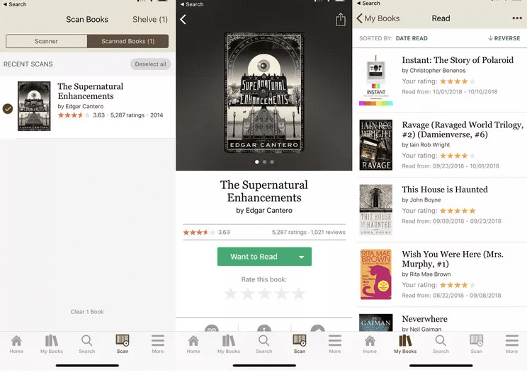 Mobile screenshots of the Goodreads app showing a scanned book titled “The Supernatural Enhancements” with ratings and a Want to Read button, alongside a list of other books on the user’s reading shelf