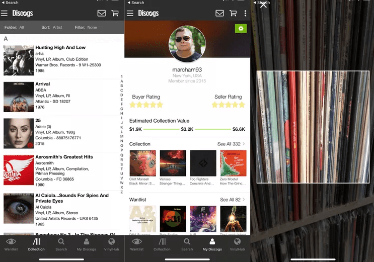 Screenshots of the Discogs app showing a vinyl record collection list, a user profile with estimated collection value, and a close up photo of records on a shelf ready to be scanned