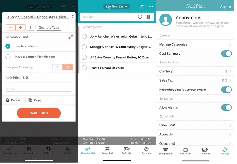 Screenshots of the Out of Milk grocery list app showing an item detail screen, a shopping list, and settings for managing categories and costs