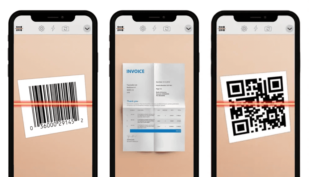 Three smartphones showing a scanning app reading a traditional barcode, a paper invoice, and a QR code with a red scan line across each item