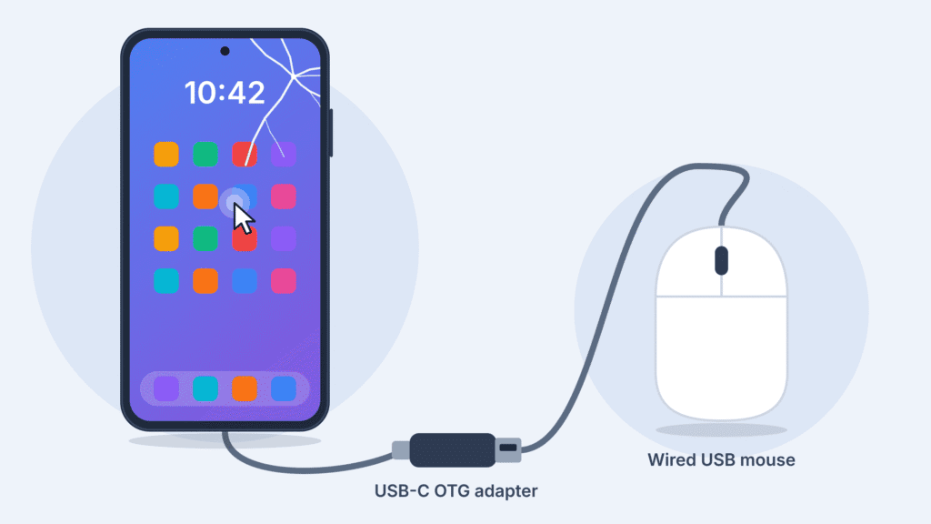 Wired USB mouse connected to an Android phone through a USB-C OTG adapter, with a mouse pointer on the phone’s home screen