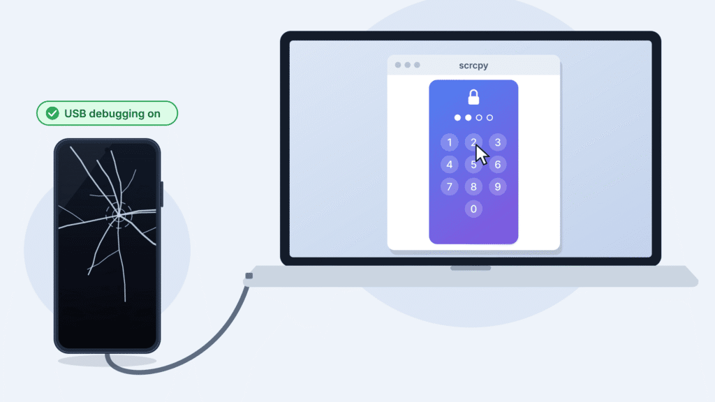 Laptop showing a broken Android phone’s lock screen in a scrcpy window, connected to the phone by a USB cable, with USB debugging turned on