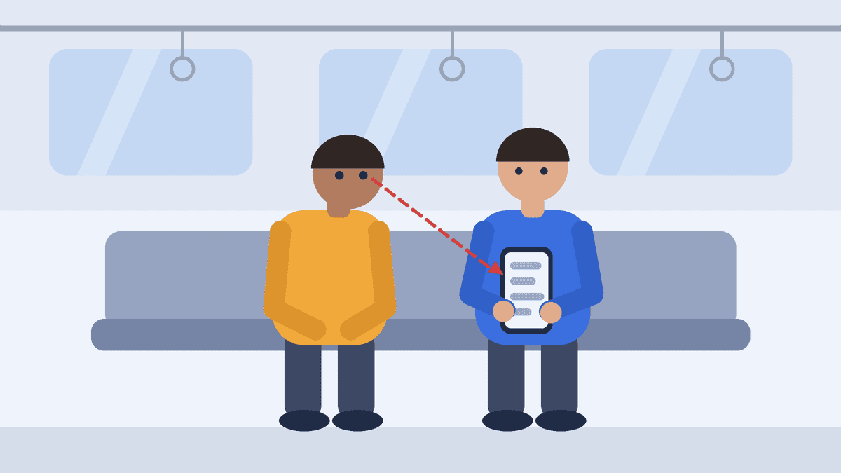 Illustration of two people on a train, one reading their phone while the person beside them looks over at the screen