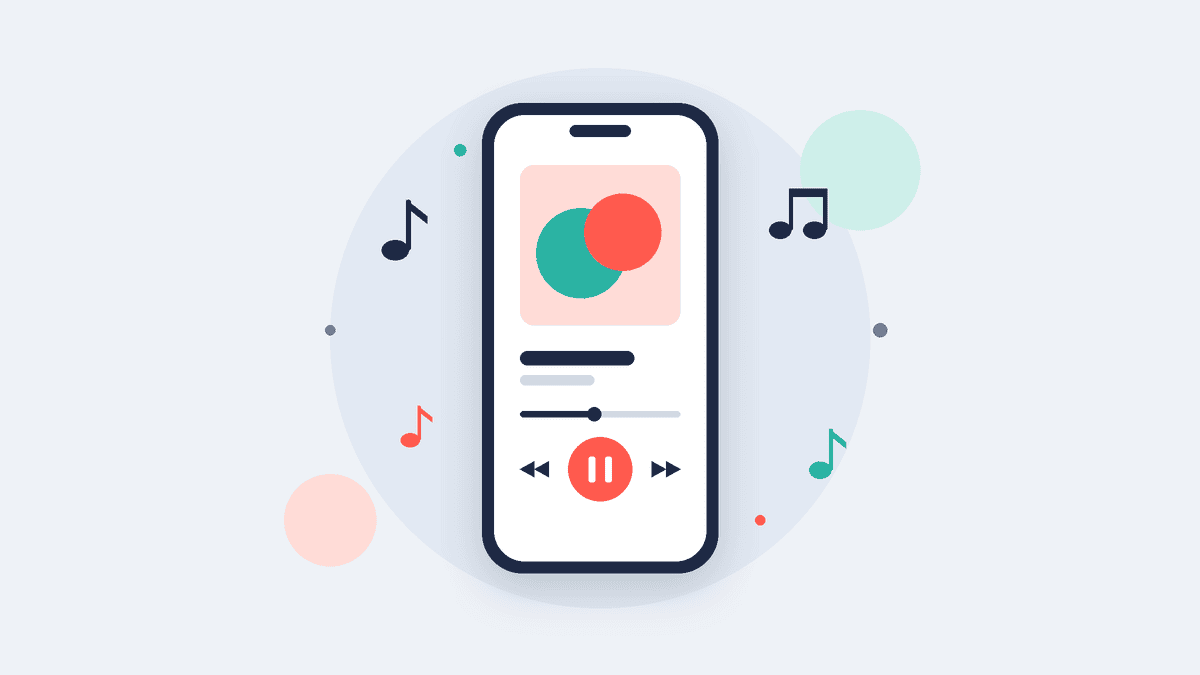 Illustration of an iPhone playing a song, with a large Pause button on the music player