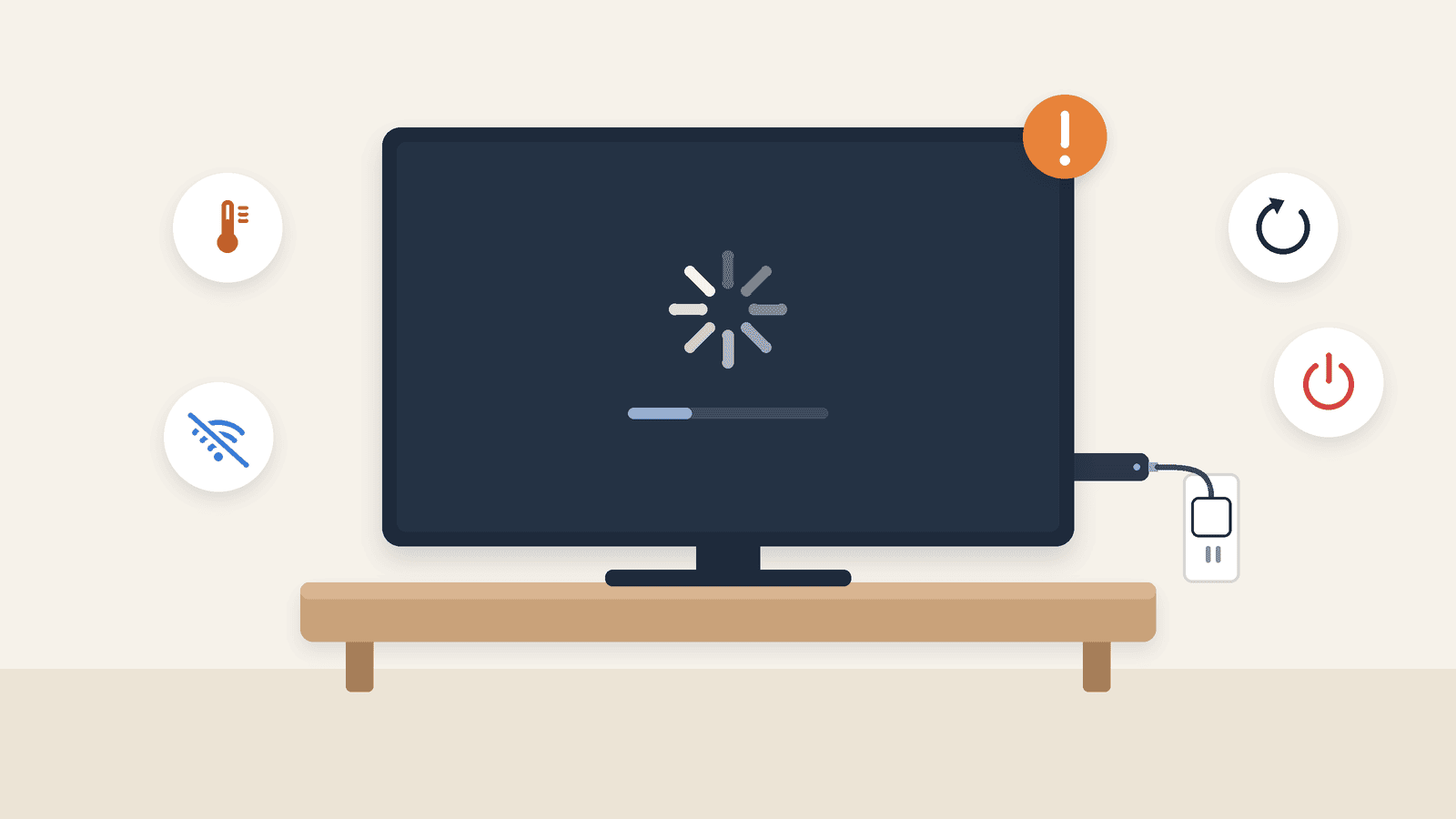 Illustration of a TV stuck on a loading screen with a streaming stick plugged in, surrounded by heat, Wi-Fi, restart, and power icons