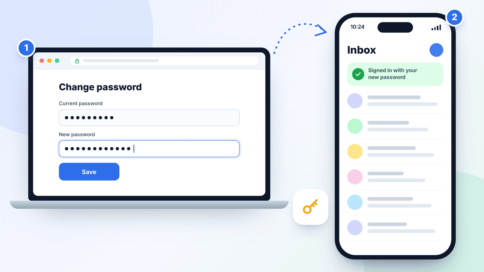Illustration of changing an Outlook password in a web browser, then signing back in to email on an iPhone