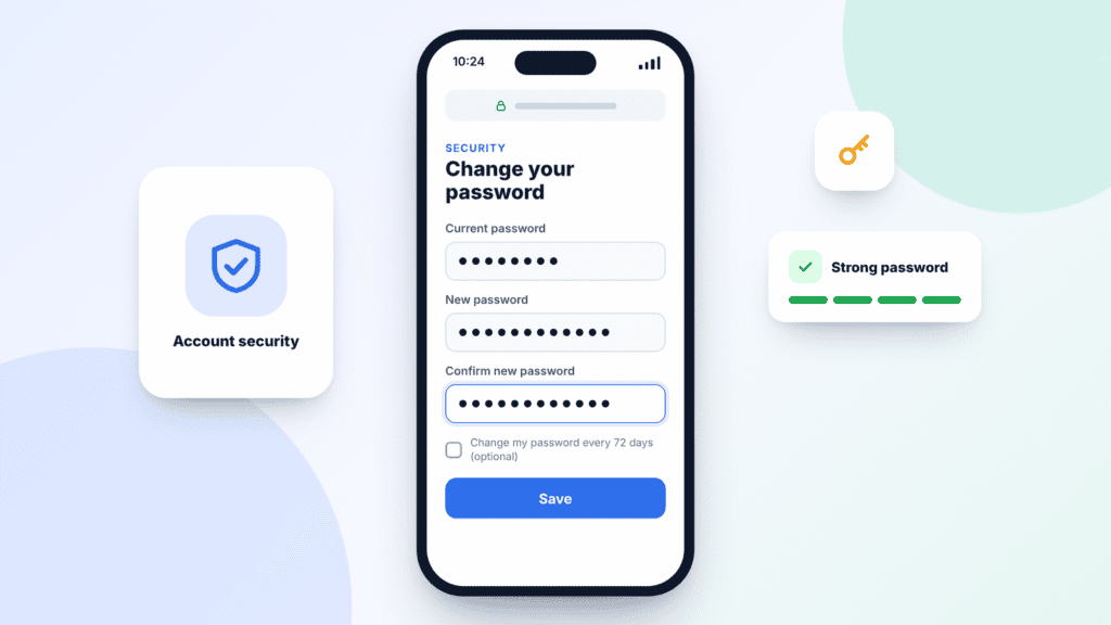 Illustration of an iPhone showing a change password form with current, new and confirm password fields and a Save button