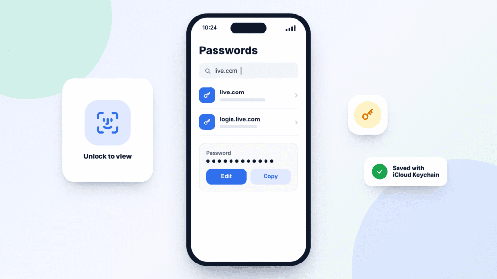 Illustration of an iPhone passwords list showing a saved live.com password, unlocked with face recognition