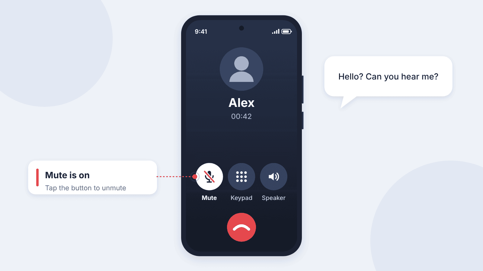 Android call screen with the Mute button on, shown as a crossed-out microphone beside the Keypad and Speaker buttons.