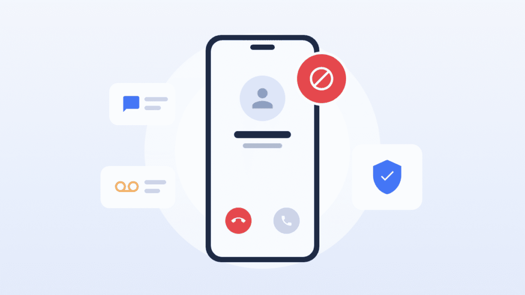 Phone showing an incoming call with a red block symbol, next to voicemail and message icons