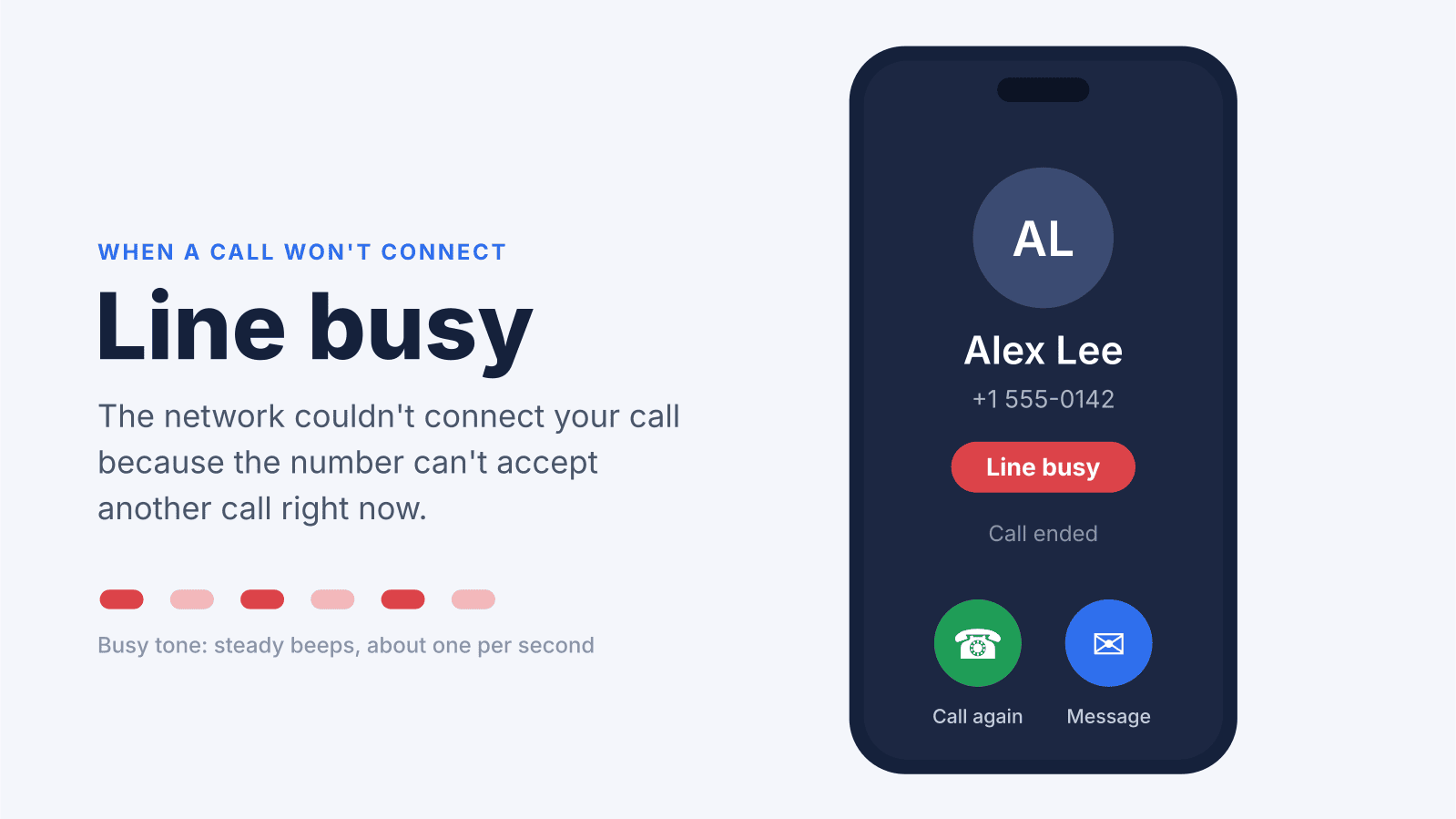 Phone call screen showing a red Line busy message after an outgoing call fails