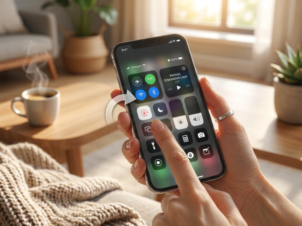 Hand tapping the Portrait Orientation Lock button in the iPhone Control Center.