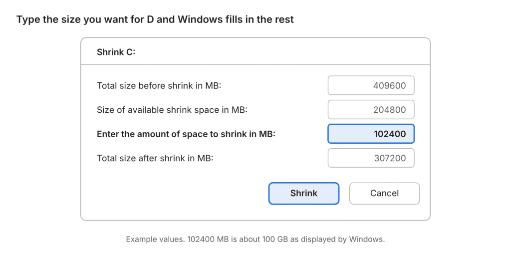 Shrink C dialog in Disk Management with 102400 MB entered