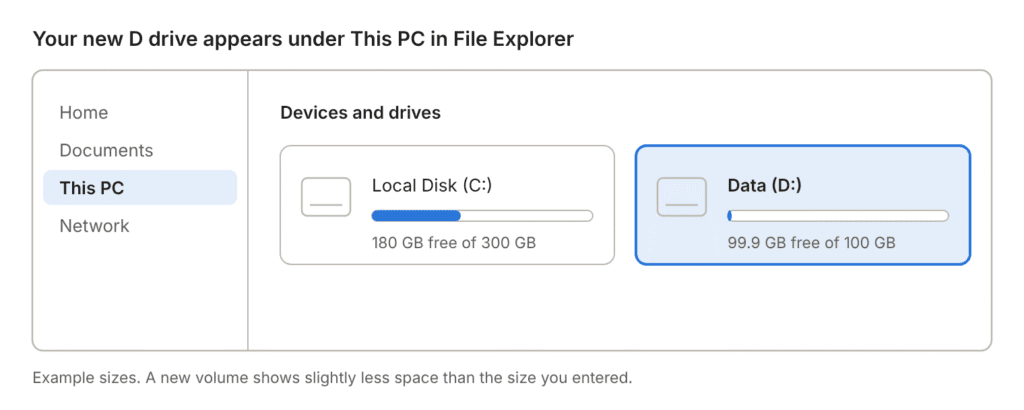 New D drive shown under This PC in File Explorer