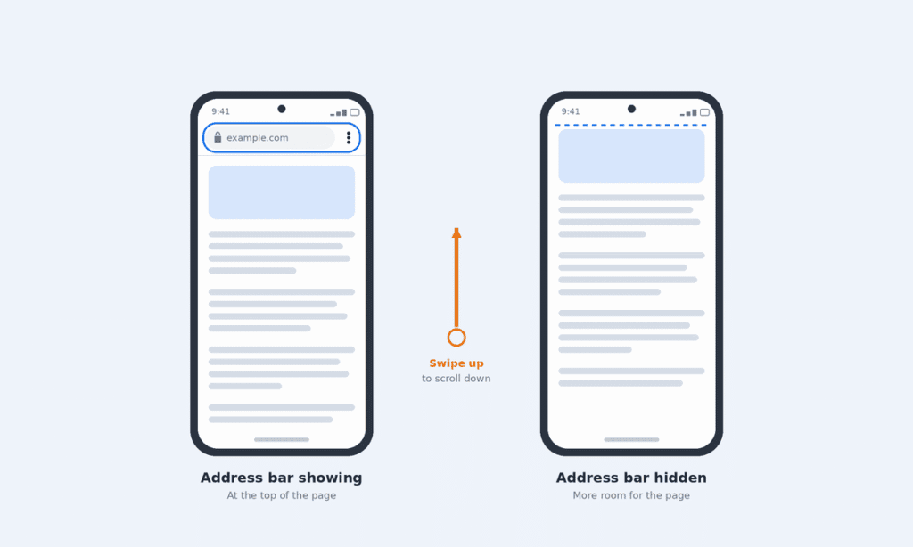 Two Android phones: Chrome’s address bar showing at the top of a page, then hidden after swiping up to scroll down