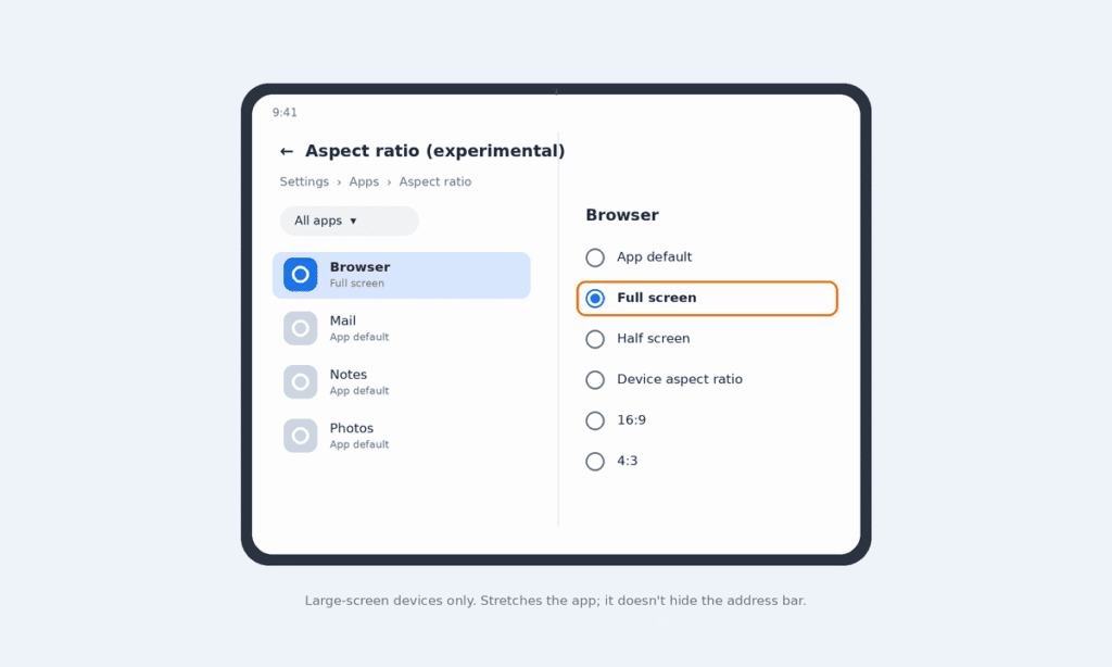 Aspect ratio (experimental) settings on a large-screen Android device with Full screen selected for the browser