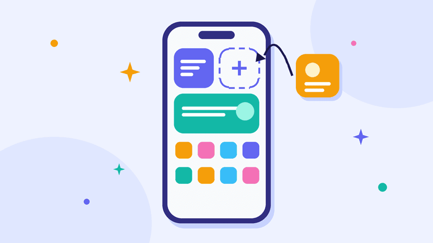 Illustration of an iPhone Home Screen with an empty widget slot and a widget being added back