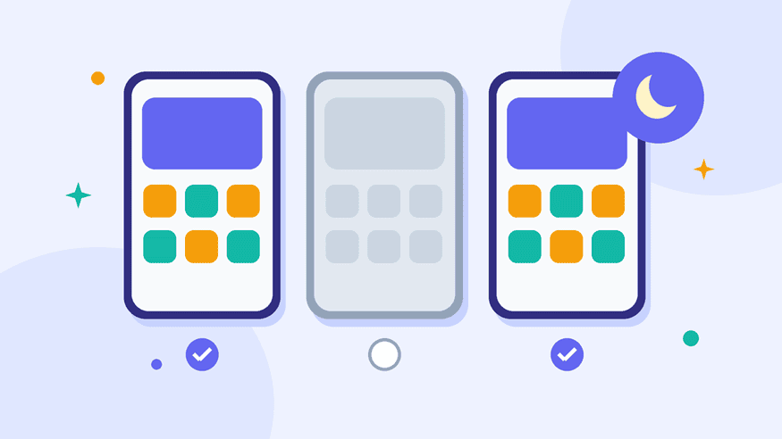 Illustration of three Home Screen pages, one unchecked and grayed out, with a Focus moon icon