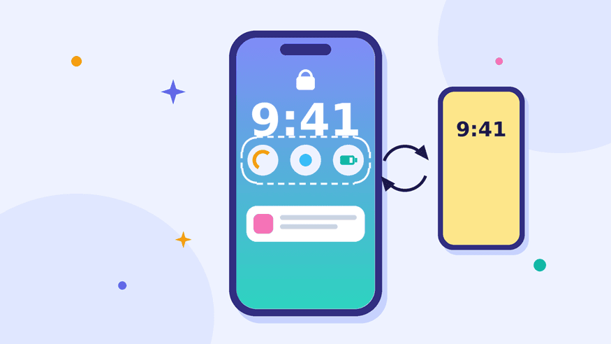 Illustration of an iPhone Lock Screen with a row of widgets under the clock and a second Lock Screen beside it