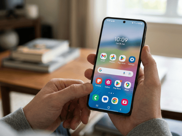Person holding a smartphone with a restored Google Search widget on the home screen.